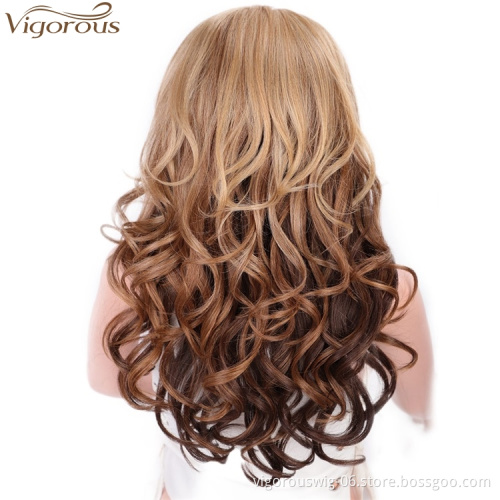 Vigorous Ombre Blonde To Brown Synthetic Long Wavy Hair Wig Fluffy Side Part Hairstyles Women's Cosplay Wig High Temperature